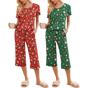 Ekouaer 2 Pack: Women’s Pajamas Set Short Sleeve Sleepwear Capri Pants Pjs Soft Loungewear with Pockets(Christmas Red Snowman/Green Santa Claus)