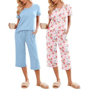 Ekouaer 2 Pack: Women’s Pajamas Set Short Sleeve Sleepwear Capri Pants Pjs Soft Loungewear with Pockets(Floral Print / Blue)