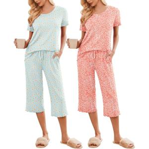 Ekouaer 2 Pack: Women’s Pajamas Set Short Sleeve Sleepwear Capri Pants Pjs Soft Loungewear with Pockets(Leopard/Daisies)