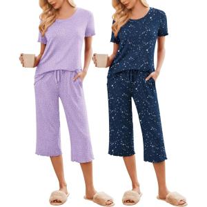 Ekouaer 2 Pack: Women’s Pajamas Set Short Sleeve Sleepwear Capri Pants Pjs Soft Loungewear with Pockets(Lilac Dots/Navy Star)