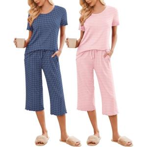 Ekouaer 2 Pack: Women’s Pajamas Set Short Sleeve Sleepwear Capri Pants Pjs Soft Loungewear with Pockets(Pink Stripe/Navy Dots)