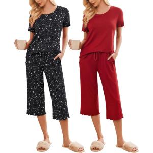 Ekouaer 2 Pack: Women’s Pajamas Set Short Sleeve Sleepwear Capri Pants Pjs Soft Loungewear with Pockets(Red/Black Star)