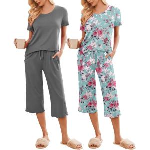 Ekouaer 2 Pack: Women’s Pajamas Set Short Sleeve Sleepwear Capri Pants Pjs Soft Loungewear with Pockets(Rose Print / Grey)
