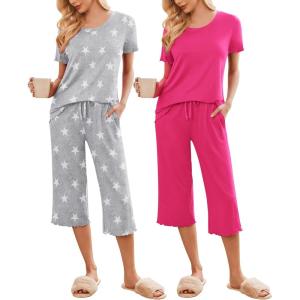 Ekouaer 2 Pack: Women’s Pajamas Set Short Sleeve Sleepwear Capri Pants Pjs Soft Loungewear with Pockets(Rose Red/Grey Stars)