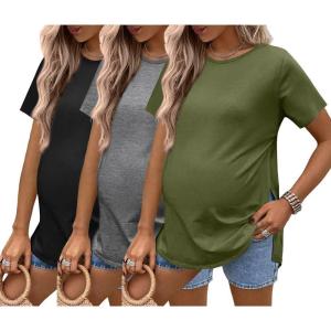 Ekouaer 3 Pack Maternity Shirts Short Sleeve Split Side Pregnancy Tops Casual Pregnant Tunic Blouse(Grey/Green/Black)