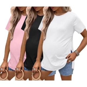 Ekouaer 3 Pack Maternity Shirts Short Sleeve Split Side Pregnancy Tops Casual Pregnant Tunic Blouse(Pink/Black/White)