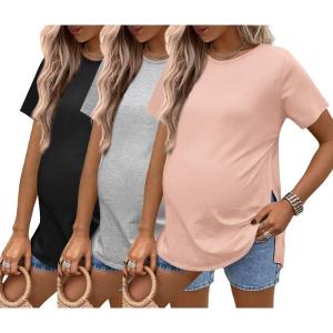 Ekouaer 3 Pack Maternity Shirts Short Sleeve Split Side Pregnancy Tops Casual Pregnant Tunic Blouse(Pink/Grey/Black)