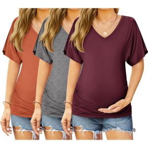 Ekouaer 3 Pack Maternity Shirts V Neck Dolman Sleeve Side Ruched Pregnancy Tops Tunic Blouse(A Grey/Burgundy/Brick Red)