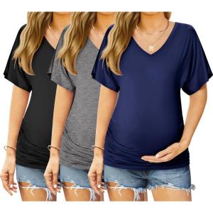 Ekouaer 3 Pack Maternity Shirts V Neck Dolman Sleeve Side Ruched Pregnancy Tops Tunic Blouse(Black/Blue/Grey)