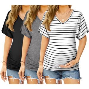 Ekouaer 3 Pack Maternity Shirts V Neck Dolman Sleeve Side Ruched Pregnancy Tops Tunic Blouse(Black/Grey/Stripe)