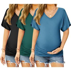 Ekouaer 3 Pack Maternity Shirts V Neck Dolman Sleeve Side Ruched Pregnancy Tops Tunic Blouse(Green/Teal/Black)
