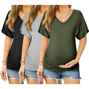 Ekouaer 3 Pack Maternity Shirts V Neck Dolman Sleeve Side Ruched Pregnancy Tops Tunic Blouse(Grey/Black/Army Green)