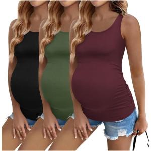 Ekouaer 3 Pack Women Maternity Tank Tops Ruch Side Basic Shirts Summer Postpartum Tops Sleeveless Pregnancy Workout Clothes(Black/Army Green/Dark Red)