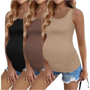 Ekouaer 3 Pack Women Maternity Tank Tops Ruch Side Basic Shirts Summer Postpartum Tops Sleeveless Pregnancy Workout Clothes(Black/Beige/Coffee)