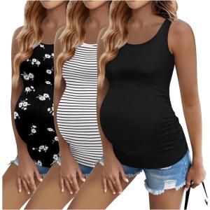 Ekouaer 3 Pack Women Maternity Tank Tops Ruch Side Basic Shirts Summer Postpartum Tops Sleeveless Pregnancy Workout Clothes(Black/Black & White Stripes/Black Floral)