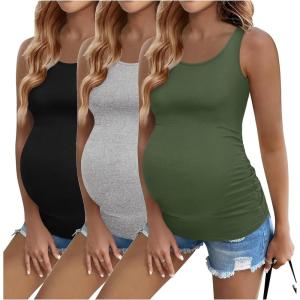 Ekouaer 3 Pack Women Maternity Tank Tops Ruch Side Basic Shirts Summer Postpartum Tops Sleeveless Pregnancy Workout Clothes(Black/Light Grey/Army Green)