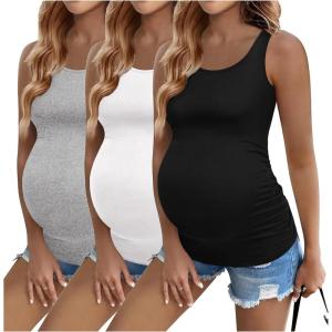 Ekouaer 3 Pack Women Maternity Tank Tops Ruch Side Basic Shirts Summer Postpartum Tops Sleeveless Pregnancy Workout Clothes(Black/Light Grey/White)