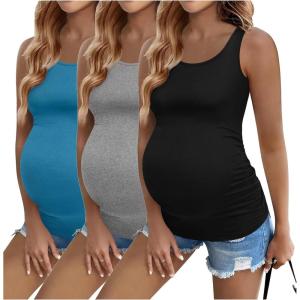 Ekouaer 3 Pack Women Maternity Tank Tops Ruch Side Basic Shirts Summer Postpartum Tops Sleeveless Pregnancy Workout Clothes(Black/Medium Gray/Blue Green)