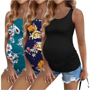 Ekouaer 3 Pack Women Maternity Tank Tops Ruch Side Basic Shirts Summer Postpartum Tops Sleeveless Pregnancy Workout Clothes(Black/Navy Blue Floral/Blue Green Floral)