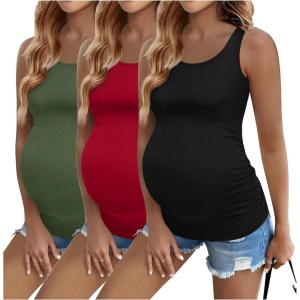 Ekouaer 3 Pack Women Maternity Tank Tops Ruch Side Basic Shirts Summer Postpartum Tops Sleeveless Pregnancy Workout Clothes(Black/Red/Army Green)