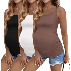 Ekouaer 3 Pack Women Maternity Tank Tops Ruch Side Basic Shirts Summer Postpartum Tops Sleeveless Pregnancy Workout Clothes(Black/White/Coffee)