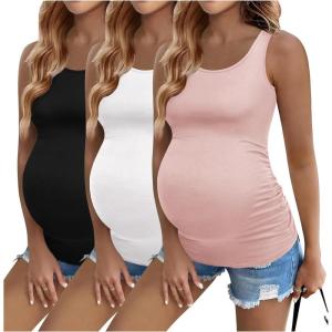 Ekouaer 3 Pack Women Maternity Tank Tops Ruch Side Basic Shirts Summer Postpartum Tops Sleeveless Pregnancy Workout Clothes(Black/White/Dirty Pink)