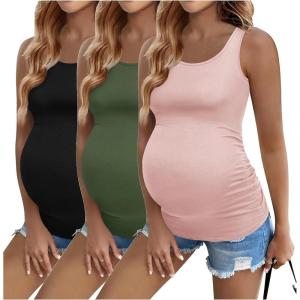 Ekouaer 3 Pack Women Maternity Tank Tops Ruch Side Basic Shirts Summer Postpartum Tops Sleeveless Pregnancy Workout Clothes(Dirty Pink/Black/Army Green)