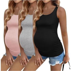 Ekouaer 3 Pack Women Maternity Tank Tops Ruch Side Basic Shirts Summer Postpartum Tops Sleeveless Pregnancy Workout Clothes(Dirty Pink/Black/Light Grey)