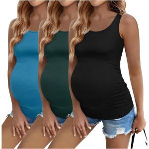 Ekouaer 3 Pack Women Maternity Tank Tops Ruch Side Basic Shirts Summer Postpartum Tops Sleeveless Pregnancy Workout Clothes(Lake Green/Black/Blue Green)