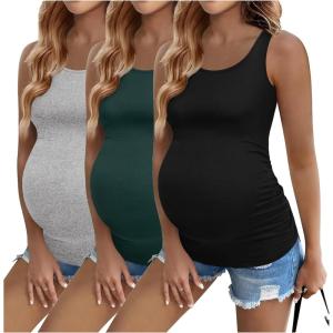 Ekouaer 3 Pack Women Maternity Tank Tops Ruch Side Basic Shirts Summer Postpartum Tops Sleeveless Pregnancy Workout Clothes(Light Grey/Black/Lake Green)