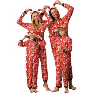 Ekouaer Christmas Onesie Matching Family Elk Antler Hooded Zipper One Piece Long Sleeve Pajamas with Pockets Snowman Red Women M