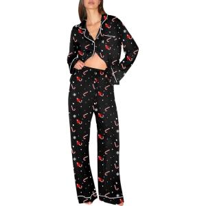 Ekouaer Christmas Pajamas Womens Long Sleeve Button Down Sleepwear Holiday Matching Pjs Comfy Long Pants Lounge Set S-XXL(Christmas Black Candy)