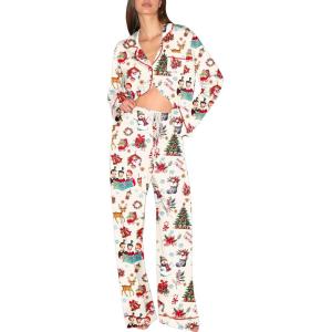 Ekouaer Christmas Pajamas Womens Long Sleeve Button Down Sleepwear Holiday Matching Pjs Comfy Long Pants Lounge Set S-XXL(Christmas Champagne)