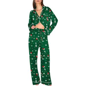 Ekouaer Christmas Pajamas Womens Long Sleeve Button Down Sleepwear Holiday Matching Pjs Comfy Long Pants Lounge Set S-XXL(Christmas Green)