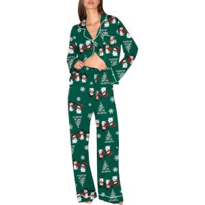 Ekouaer Christmas Pajamas Womens Long Sleeve Button Down Sleepwear Holiday Matching Pjs Comfy Long Pants Lounge Set S-XXL(Christmas Green Snowman)