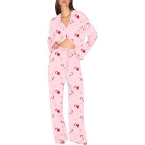 Ekouaer Christmas Pajamas Womens Long Sleeve Button Down Sleepwear Holiday Matching Pjs Comfy Long Pants Lounge Set S-XXL(Christmas Pink Candy)