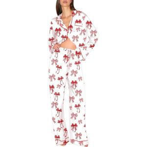 Ekouaer Christmas Pajamas Womens Long Sleeve Button Down Sleepwear Holiday Matching Pjs Comfy Long Pants Lounge Set S-XXL(White Red Bow Knot)