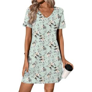 Ekouaer Cotton Nightgowns for Women Short Sleeve Womens Nightgown V Neck Sleep Shirts for Women Soft Sleepwear S-XXXL(Green Floral)