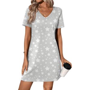 Ekouaer Cotton Nightgowns for Women Short Sleeve Womens Nightgown V Neck Sleep Shirts for Women Soft Sleepwear S-XXXL(Grey Star)