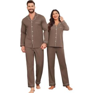 Ekouaer Couple Matching Pajamas 100% Cotton Long Sleeve Sleepwear Button Down Loungewear Pjs Set S-XXL(Brown)