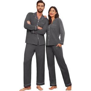 Ekouaer Couple Matching Pajamas 100% Cotton Long Sleeve Sleepwear Button Down Loungewear Pjs Set S-XXL(Dark Grey)