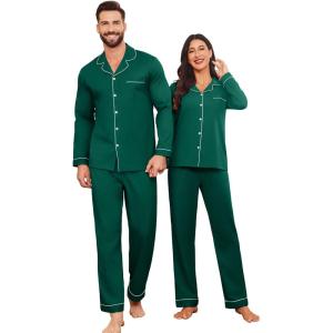 Ekouaer Couple Matching Pajamas 100% Cotton Long Sleeve Sleepwear Button Down Loungewear Pjs Set S-XXL(Green)