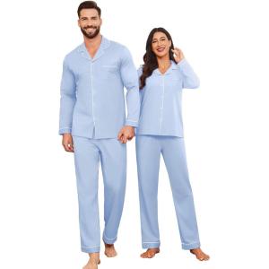 Ekouaer Couple Matching Pajamas 100% Cotton Long Sleeve Sleepwear Button Down Loungewear Pjs Set S-XXL(Light Blue)