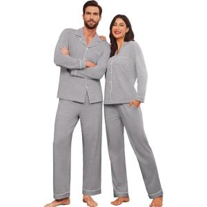 Ekouaer Couple Matching Pajamas 100% Cotton Long Sleeve Sleepwear Button Down Loungewear Pjs Set S-XXL(Light Grey)