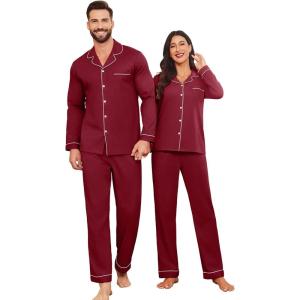 Ekouaer Couple Matching Pajamas 100% Cotton Long Sleeve Sleepwear Button Down Loungewear Pjs Set S-XXL(Wine)