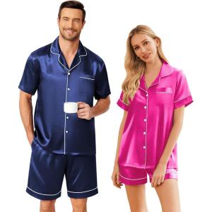 Ekouaer Couple Matching Pajamas Sets Silk Short Sleeve Button Down Sleepwear Satin Pjs Shorts Set Soft Lounge Set S-XXL(Rose)