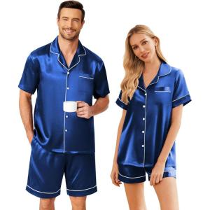Ekouaer Couple Matching Pajamas Sets Silk Short Sleeve Button Down Sleepwear Satin Pjs Shorts Set Soft Lounge Set S-XXL(Royal Blue)