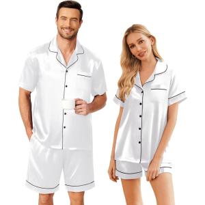 Ekouaer Couple Matching Pajamas Sets Silk Short Sleeve Button Down Sleepwear Satin Pjs Shorts Set Soft Lounge Set S-XXL(White)