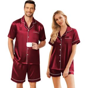 Ekouaer Couple Matching Pajamas Sets Silk Short Sleeve Button Down Sleepwear Satin Pjs Shorts Set Soft Lounge Set S-XXL(Wine)