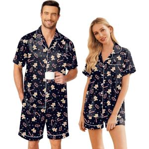 Ekouaer Couple Matching Pajamas Sets Silk Short Sleeve Button Down Sleepwear Satin Pjs Shorts Set Soft Lounge Set S-XXL(Xmas Gingerbread)